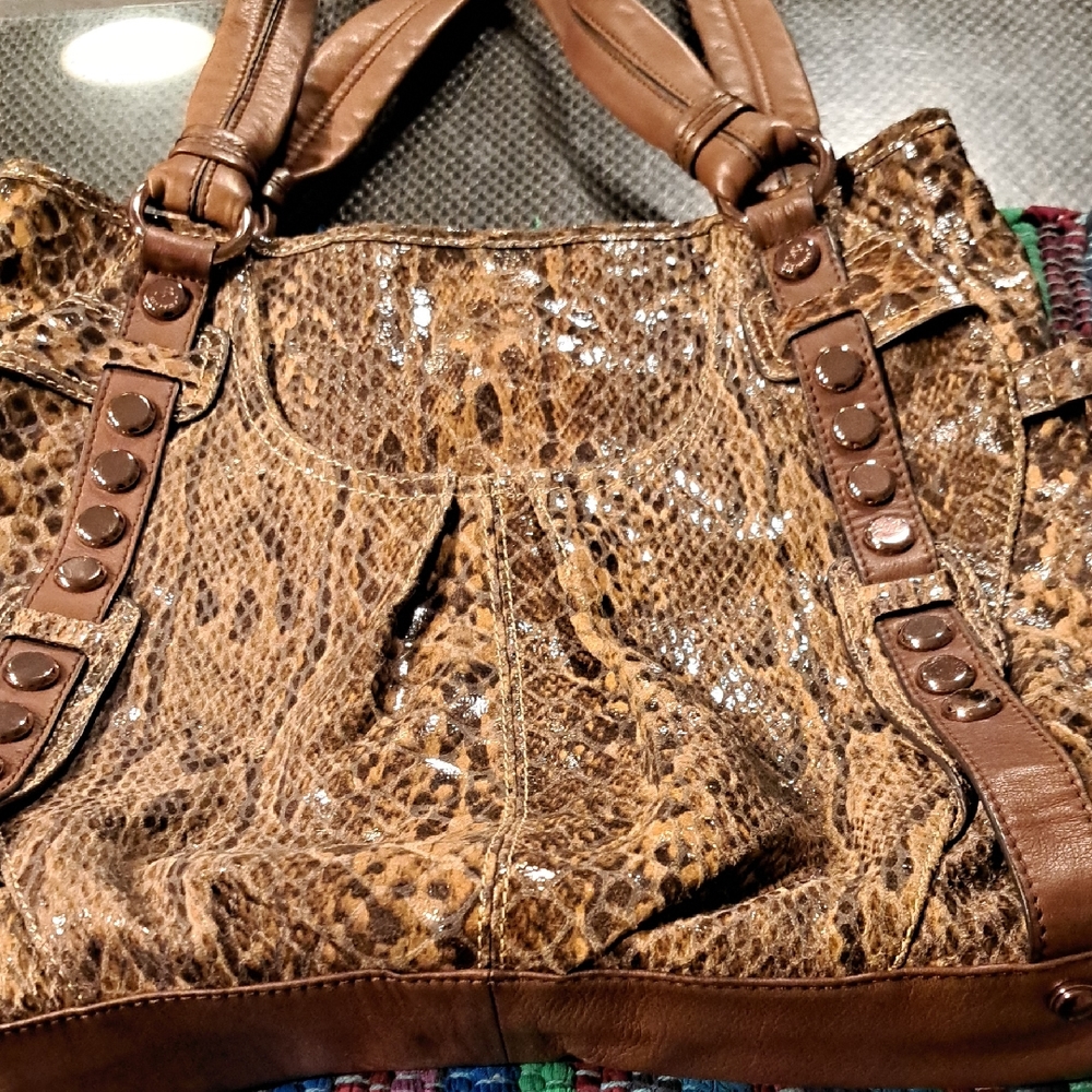 B. Makowsky Brown  Leather Leopard Pattern W/ Gold Flecs  Tote Bag